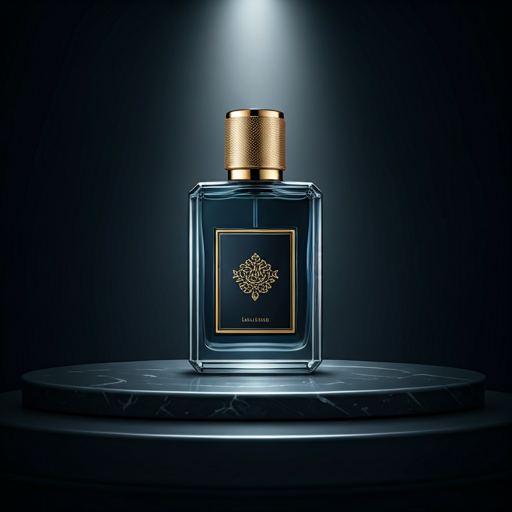 Luxury perfume laboratory — deep navy walls, warm golden accent lighting, precision equipment.