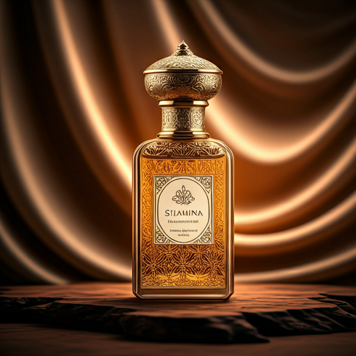 Shamina Concentrated Perfume Oil — ornate gold-etched cap, clear glass body with rich amber oil.
