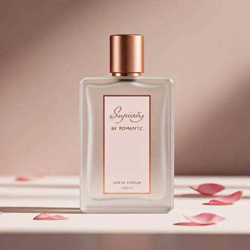 Be Romantic — frosted glass EDP bottle with soft rose-gold cap in a high-key floral environment.