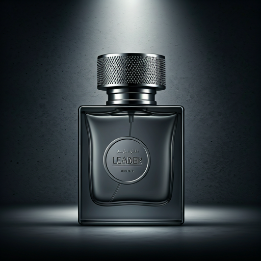 Leader — masculine charcoal grey EDT bottle on architectural concrete with dramatic lighting.