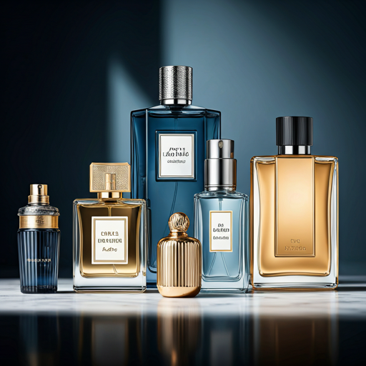 Editorial close-up of luxury perfume bottles arranged on marble — deep navy glass, gold liquid, silver caps.